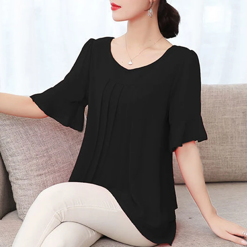 2020 Summer New Solid Color Elegant Fashion Shirt Women Short Sleeve Loose Casual Chiffon Top Female Aesthetic Chic Lady Clothes