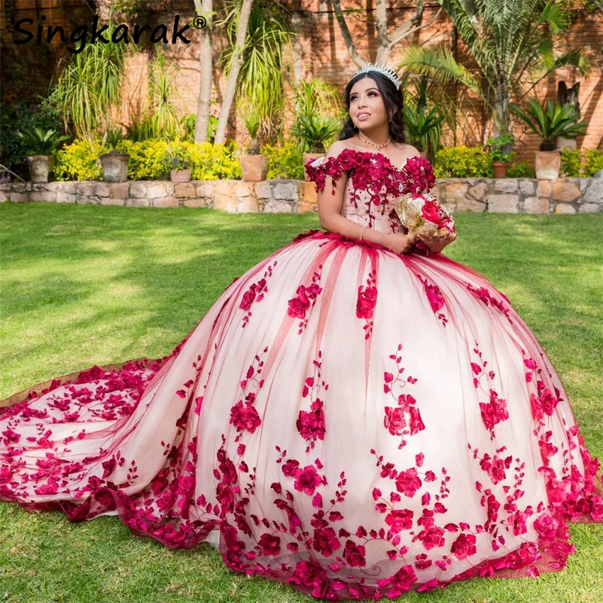 

3D Flowers Red Princess Flower Quinceanera Dress Sweet 16 Dress Appliques Crystals Beading Pearls Vestidos De 15 Años