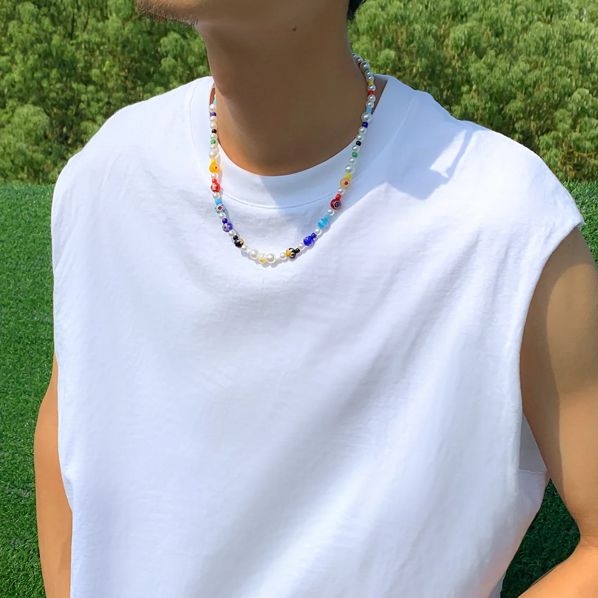 Hip-Hop-Halsketten mit farbig glasierten Perlen, Retro-Halsketten für Männer mit Acrylperlen, böhmischer Schmuck, trendige Accessoires – Detail 2