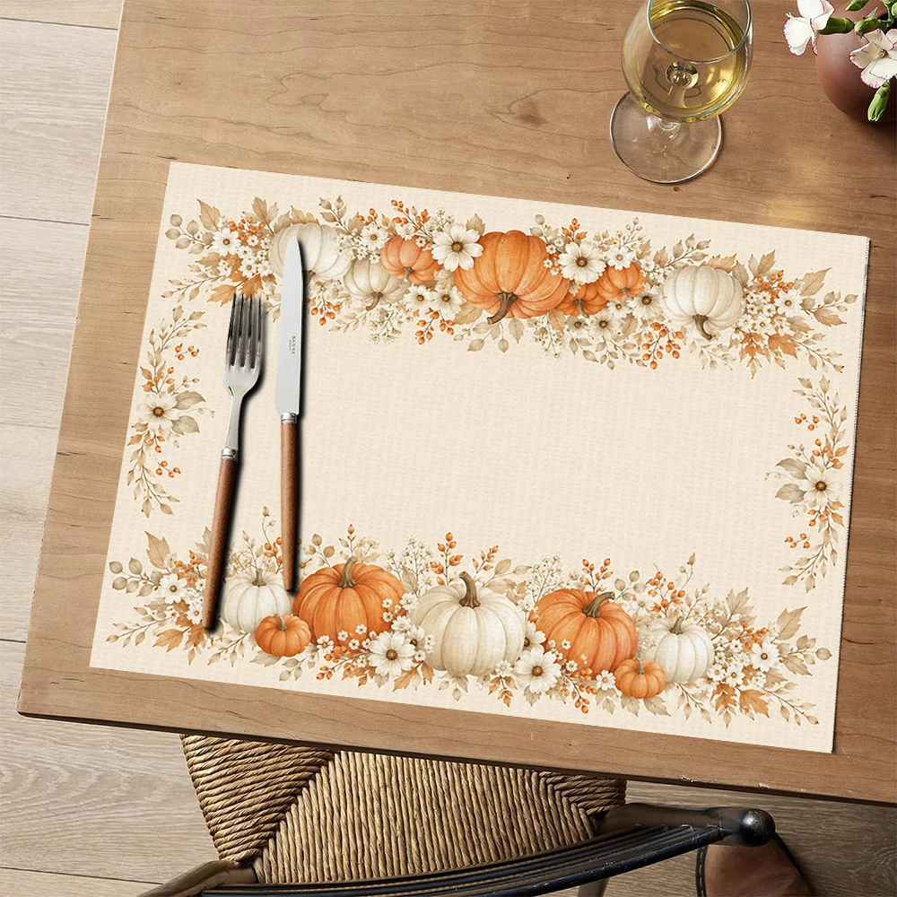 Two Pumpkins Surrounded By Leaves Pattern Placemats  Rectangular Polyester Tablecloths Suitable For Restaurant