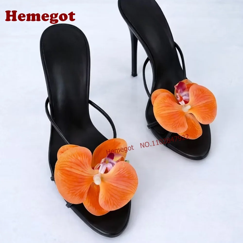 Black Thin Strap Orchid Flower Mule Slippers Open Toe Backless Slip On Thin Stiletto High Heels Summer Floral Slide Pumps Sexy