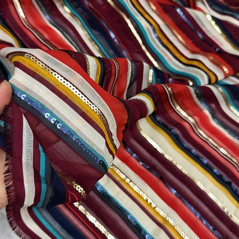 Colorful Striped Embroidered Sequin Fabric Ethnic Style Shirt Dress Fashion Clothing Designer Fabrics for Diy Sewing Cloth