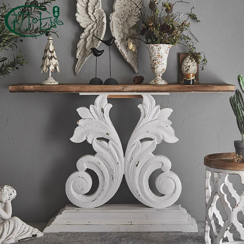 American-style retro solid wood carved strip case, living room entrance table, wall-mounted, wedding decoration ornaments