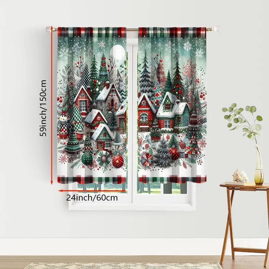 2PCS Plaid Christmas Village Curtains, Red Green Buffalo Check Snowy House, Rustic Holiday Window Drapes for Bedroom Living Room