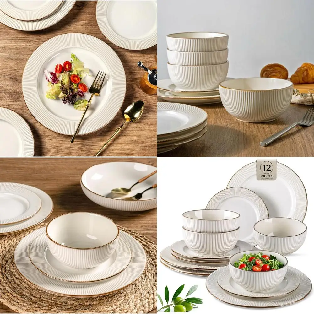

Stoneware Dinnerware Set, 12-Piece Embossed, Elegant Service for 4, Dishwasher and Microwave Safe, Ideal Housewarming or Wedding