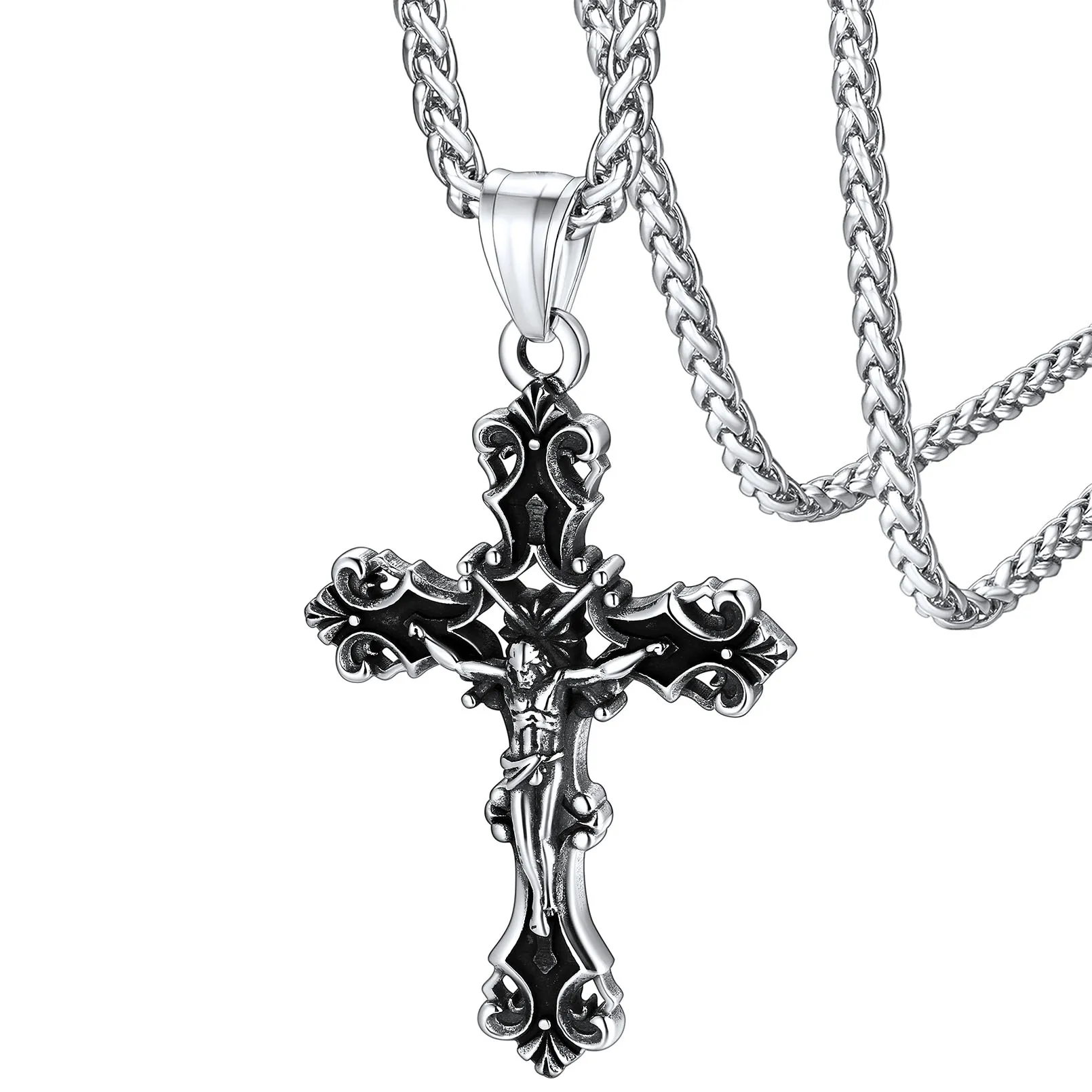 Jesus-Kreuz-Halskette, Edelstahl, schwarz, Vintage-Stil, Muster, Kreuz, 55,9 cm, Seilkette, religiöser christlicher Unisex-Schmuck, Geschenk