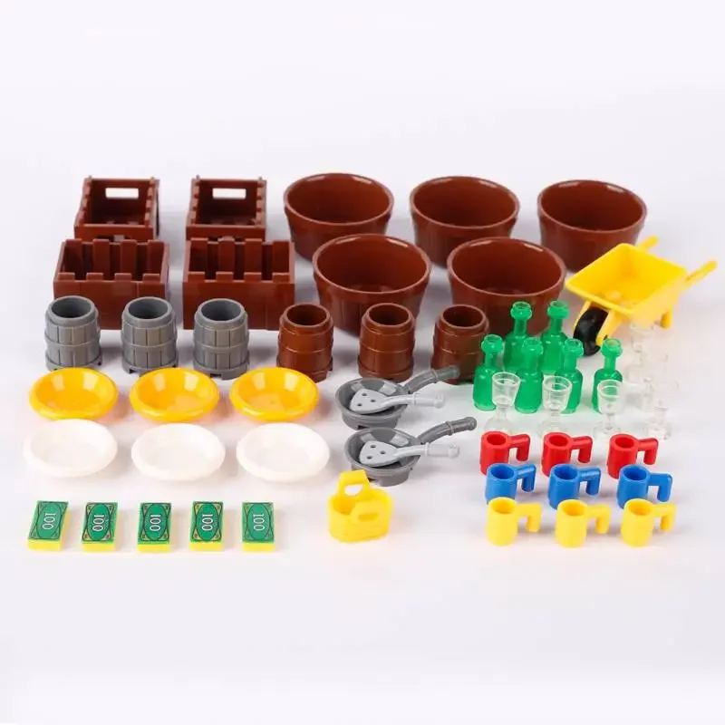 MOC City Food Building Blocks Mini Accessories Shopping Cart Apple Fish Hot Dog Ice Cream Chicken Pizza Figures Bricks Kit Toy view 4