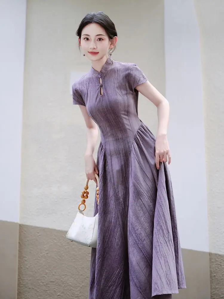 

Oriental New Sexy Cheongsam Women Dress Vintage Long Improved Sleeve Chinese Traditional Qipao Purple Slim Cheongsam