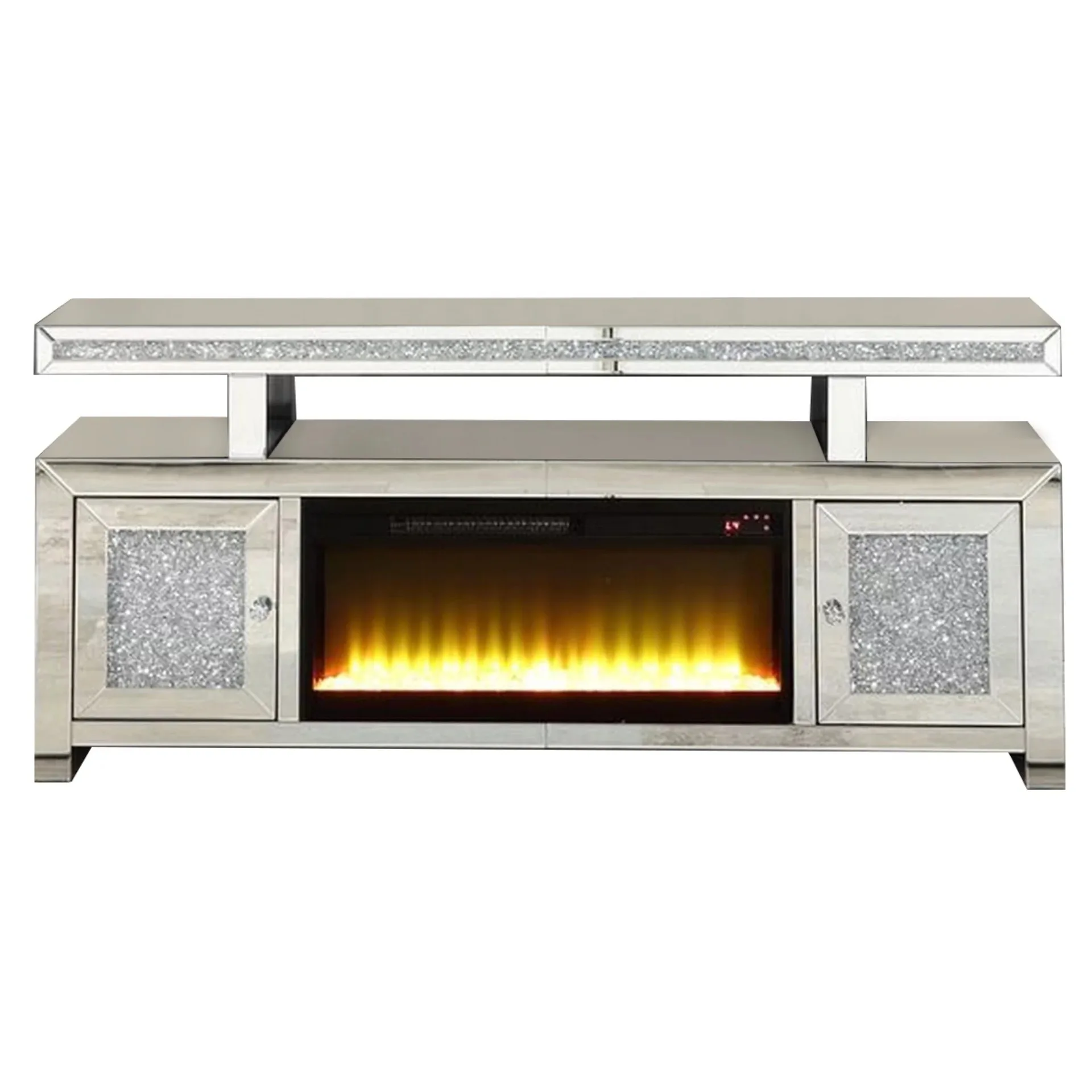High-end silver mirror TV cabinet LED simulation fireplace design Equipped with remote control 2-door storage function