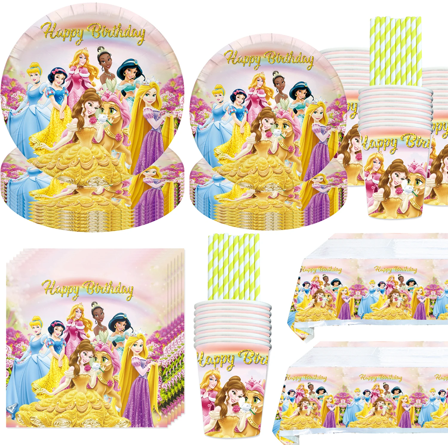 Disney Princess Happy Birthday Girl Theme Party Decoration Set Party Supplies Cup Plate Banner Straw Loot Bag Cake Baby Shower