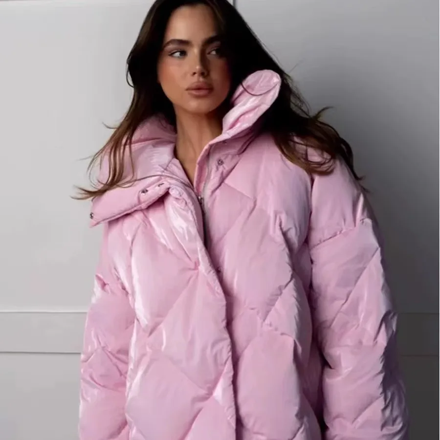 

Модный зимний свободный воротник, хлопковая куртка, однотонная верхняя одежда с ромбовидным узором, хлопковая подкладка, длинная застежка-молния све