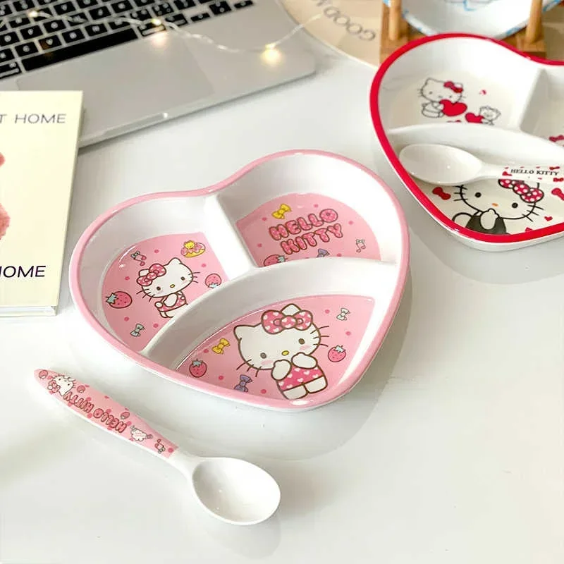 New Cartoon Sanrios Hellokittys Heart-shaped Three-grid Plate Home Kawaii Anime Melamine Divided Plate Children Fruit Steak Tray