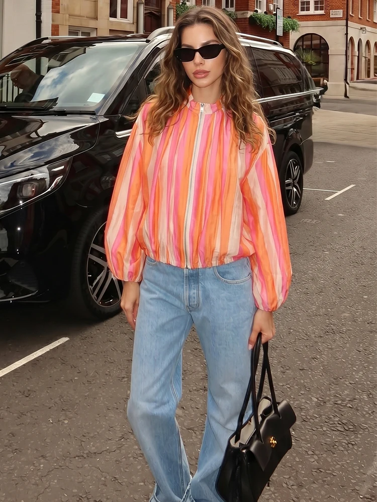 

HH Casual Women's Striped Bomber Jacket 2026 Spring Autumn Long Sleeve Stand Collar Lightweight Loose Jacket Female Streetwear