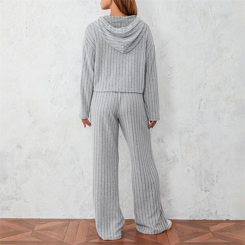 Fall Spring Outfits Women Rib Knitted 2Pcs Solid Long Sleeve Hoodies Tops Sweater and Elastic Waist Pants Suit Casual Homewear