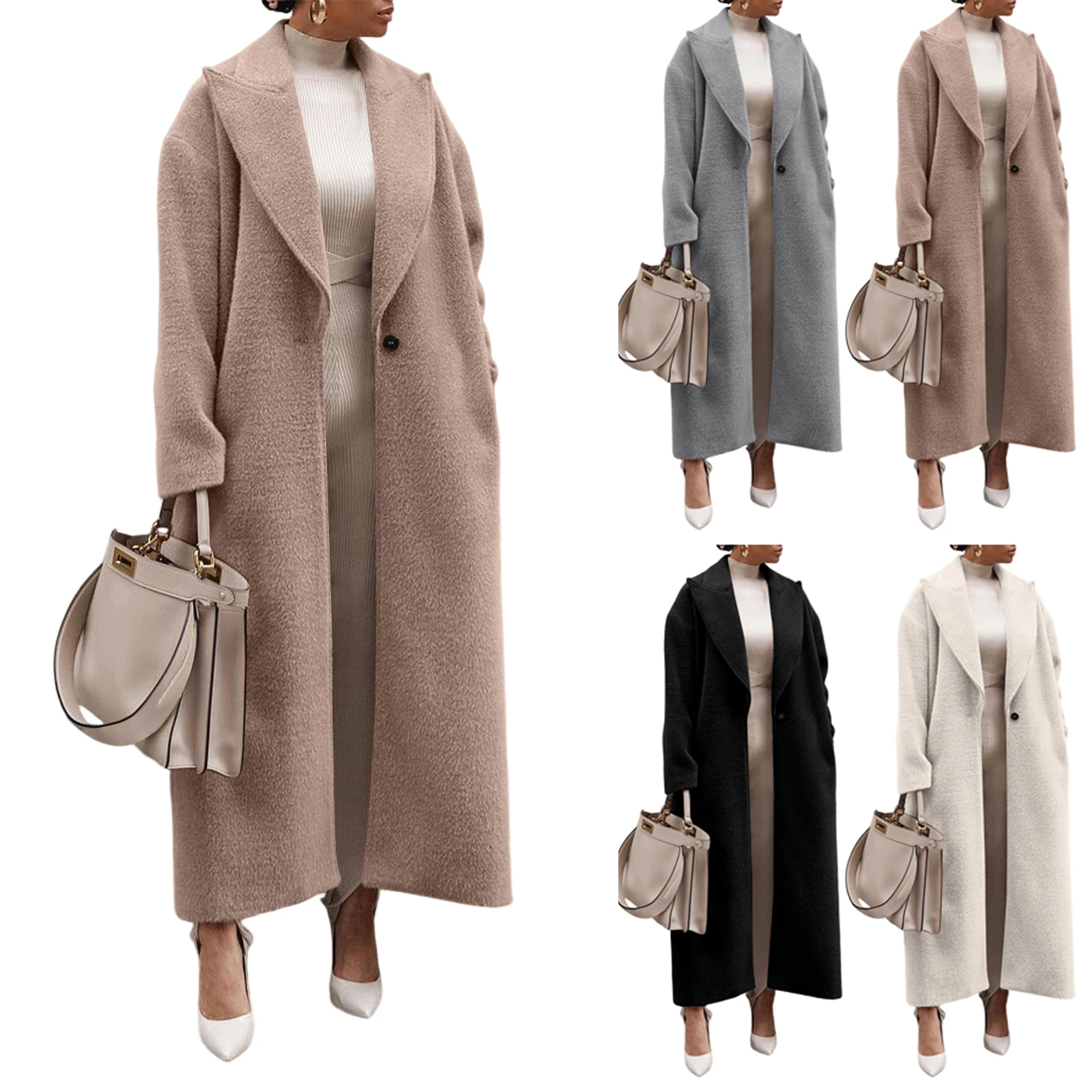 Women's Long Coat Autumn Winter Warm Lapel Length Single Button-Down Coat Plush Thickened Loose Straight Coat with Pocket
