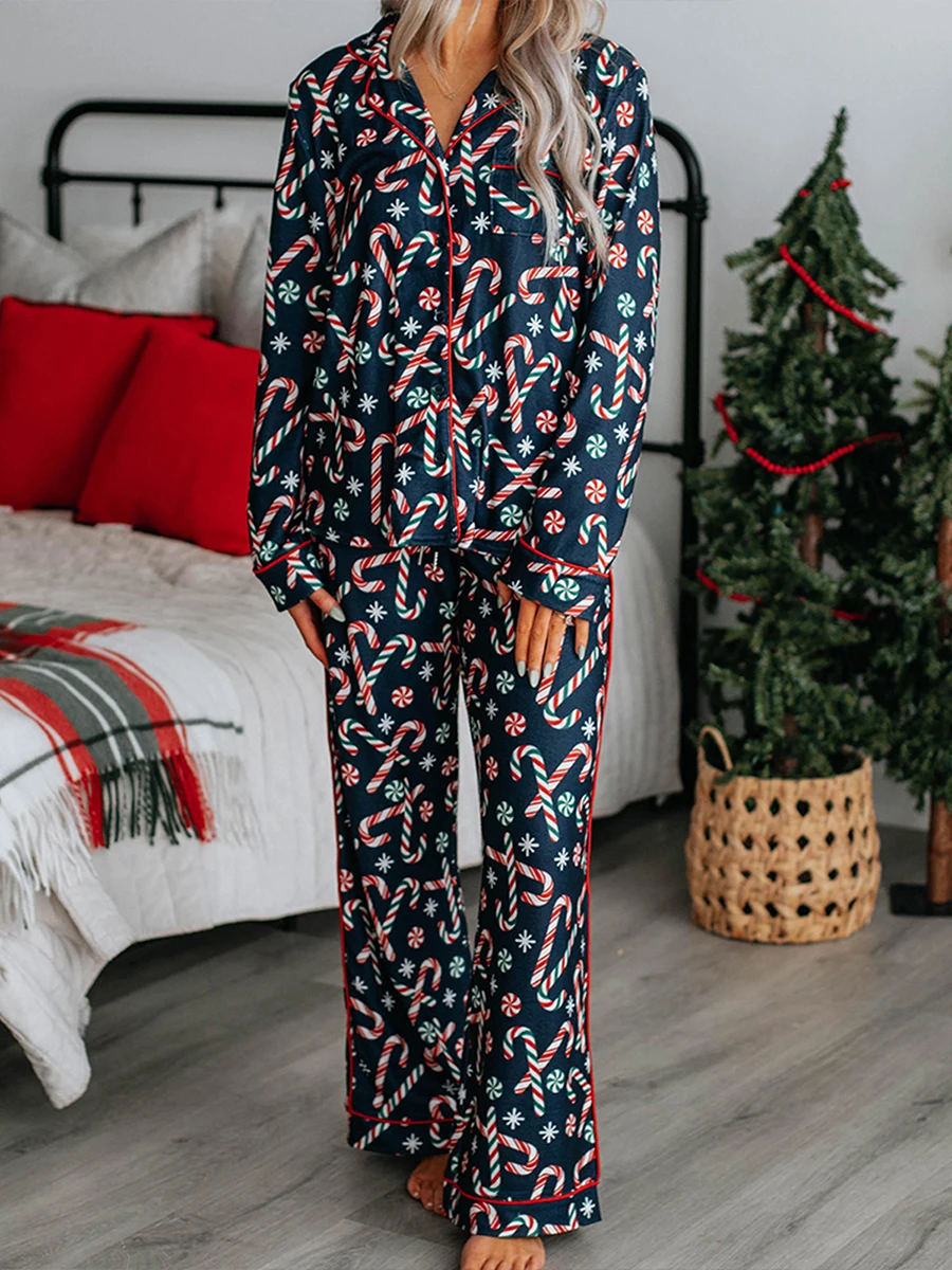 2025 Women Christmas Pajamas Set Candy Cane Print Knotted Pj Lounge Set Long Sleeve Xmas Top and Pants