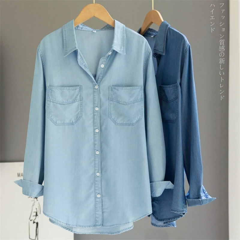 Women Vintage Classic Casual Streetwear Oversized Denim Shirts Trendy Blue Long Sleeve Pockets Blouses Female Korean Style Tops