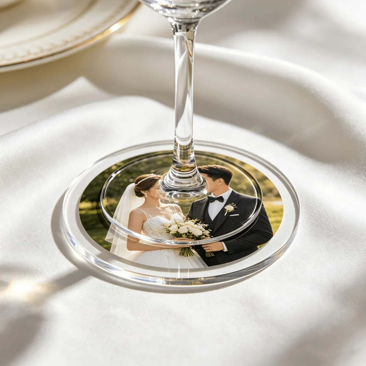 Custom-printed acrylic coasters—fully customizable with photos, text, or logos. A perfect commemorative gift set for parents or