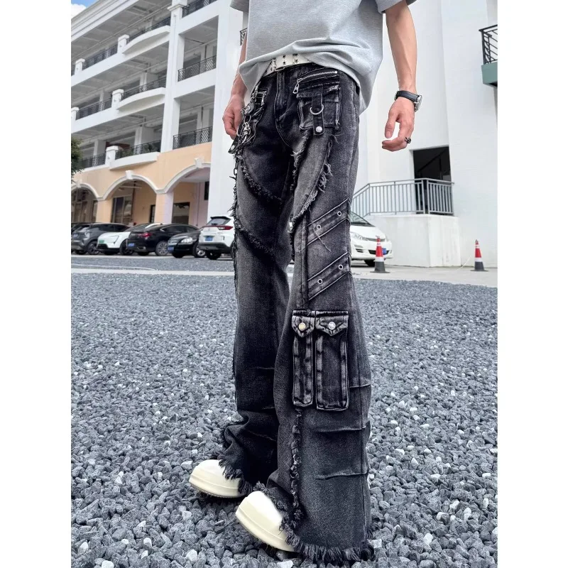 2025 Women's Dark Academia Gothic Multi-Pocket High-Waist Cargo Flared Jeans High Street Slim Vintage Denim Pants Autumn Winter