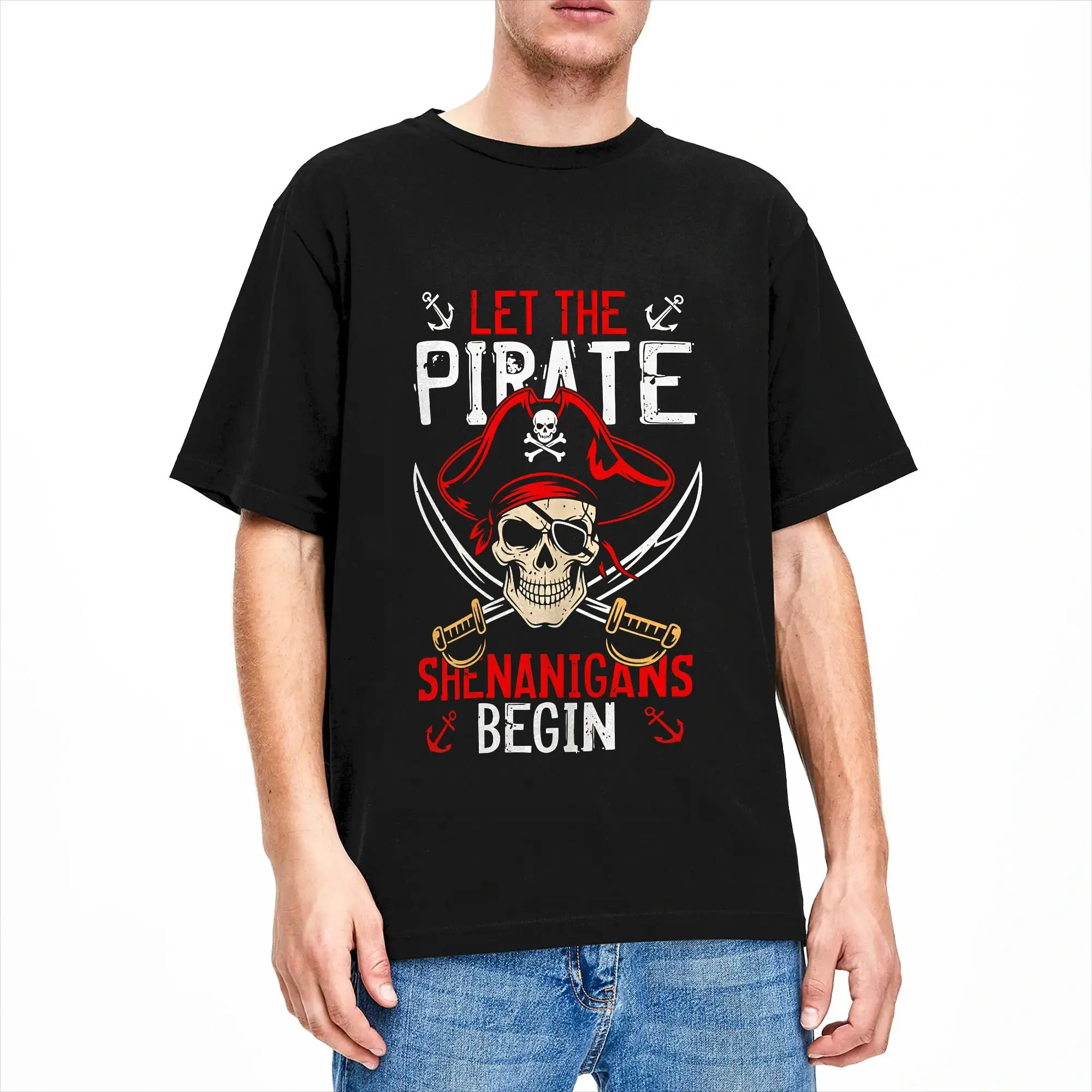 Funny Skeleton Crossbones Let The Pirate Shenanigans Begin T-Shirt for Men  100% Cotton Tee Shirt O Neck Short Sleeve T Shirts