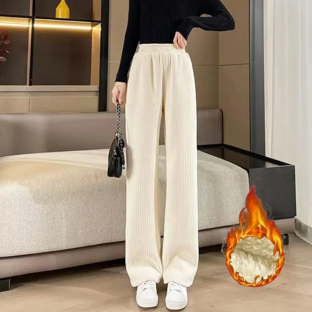 2025 Winter Girls Thicken Fleece Casual Pants Women High Waist Thermal Pants Female Snow Warm Plush Straight Leg Trousers