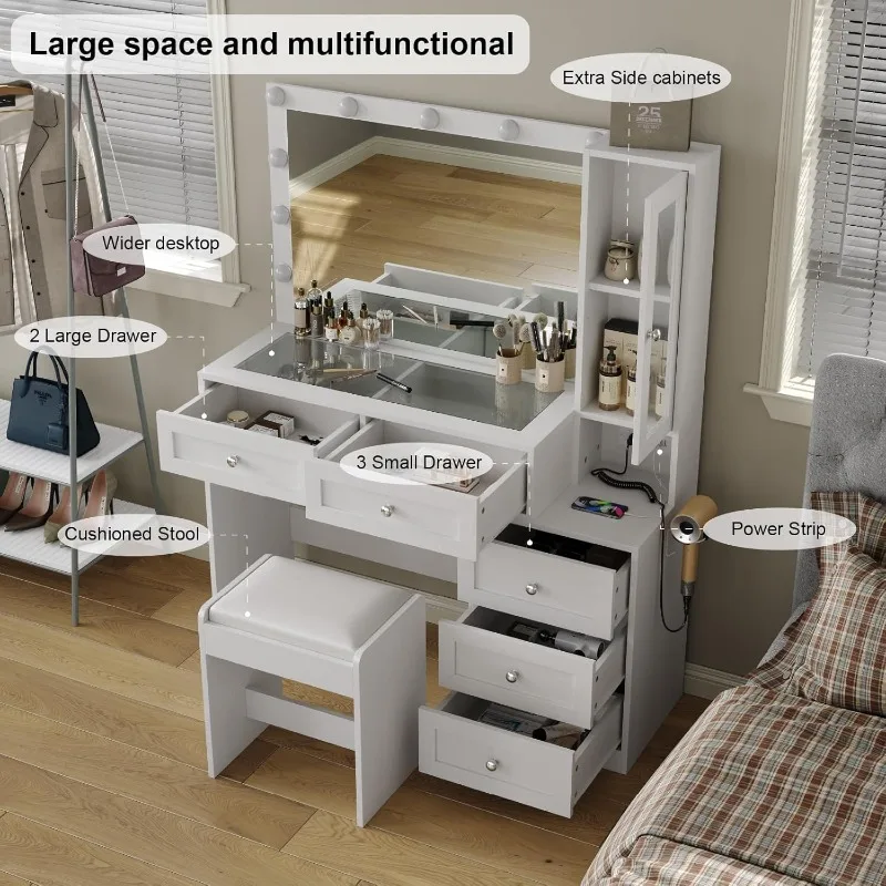 43" W Vanity Desk with Mirror & 11 Lights, 5 Drawer Modern Makeup Desk with Glass top & Cushioned Stool, 3 Lighting Modes Bright
