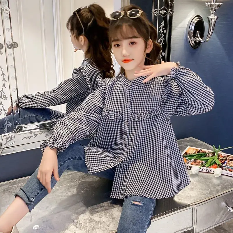 Shirts Kids Clothes Plaid Print 3-9Years Baby Long Sleeve Shirt Spring Autumn Tops Tees Shirts Children Girls Casual Blouse Q539