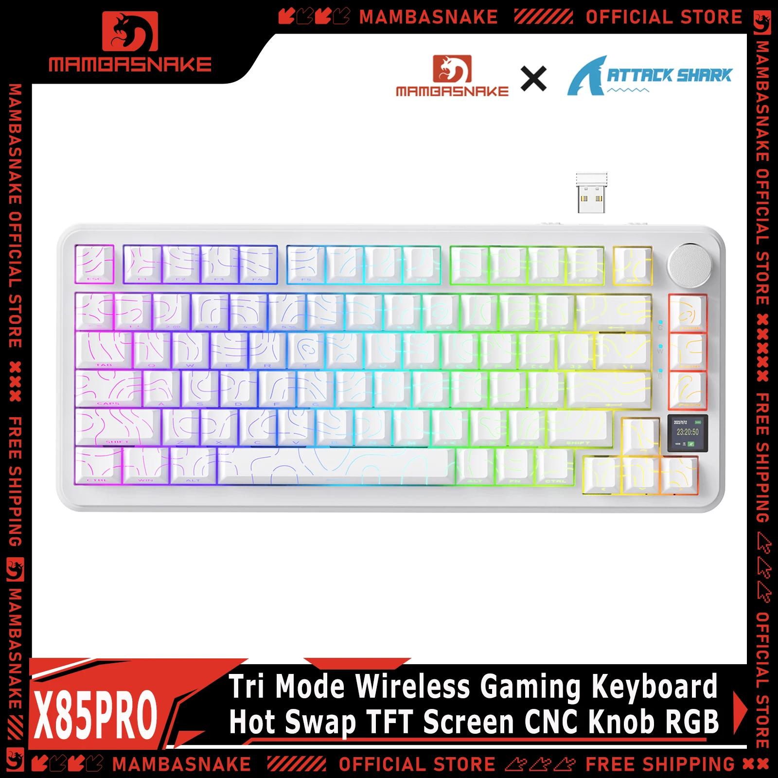 ATTACK SHARK X85PRO 75% Gasket Mechanical Tri-Mode Keyboard PBT Side-Engraved RGB Hot Swap TFT Screen Custom Keyboard For PC MAC