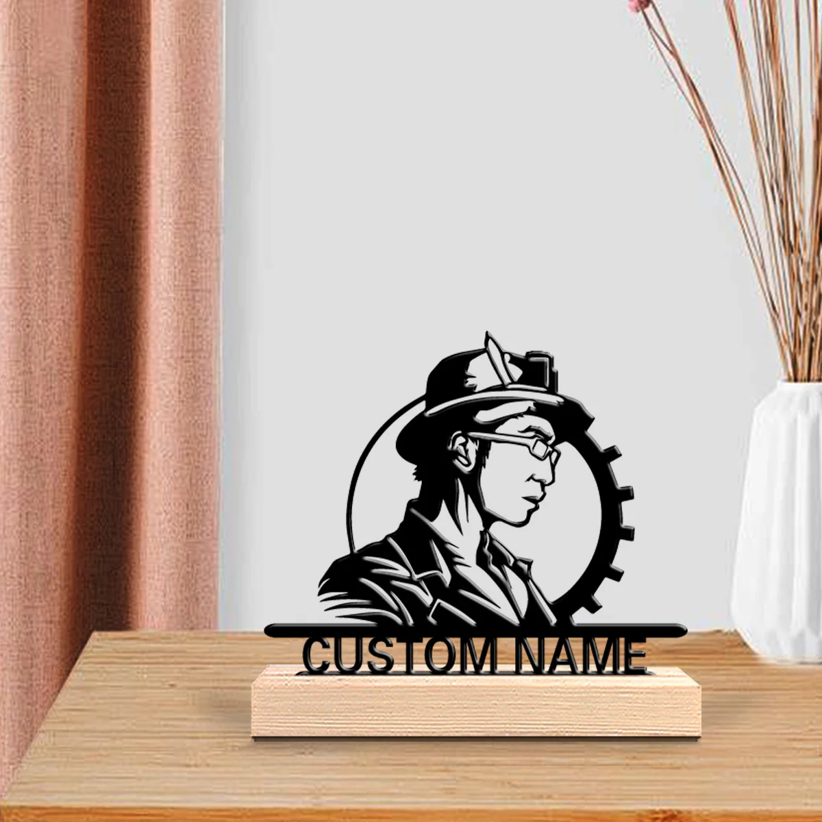 1pc Creative Construction worker Customized Text Tin Statue Metal Crafts With Wood Base Tin Sculpture For Children Gifts