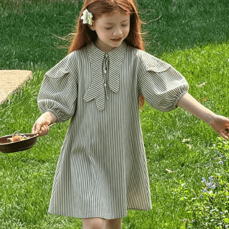 

2026 Girls Dress Striped Irregular Collar Long Princess Summer New Foreign Children Fashionable Stylish