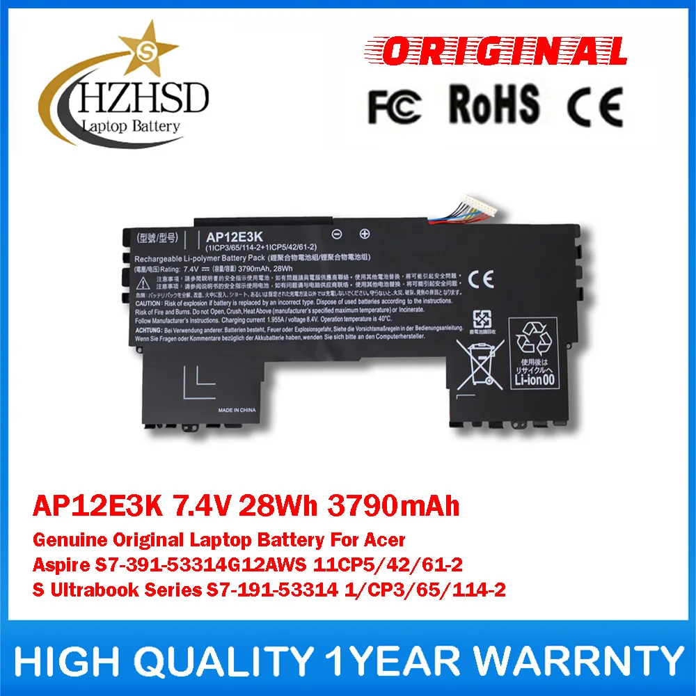 

Оригинальная аккумуляторная батарея AP12E3K 7.4V 28Wh 3790mAh для ноутбуков Acer Aspire S7-391-53314G12AWS, 11CP5/42/61-2, Ultrabook S7-191-53314