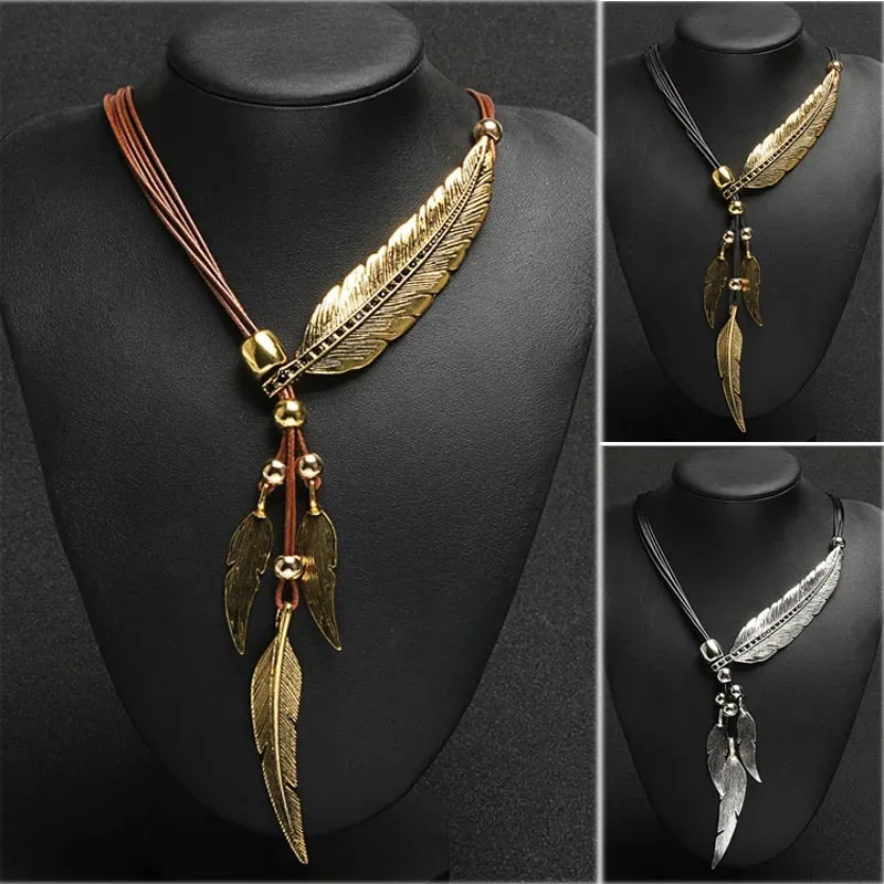 

New Bohemian Style Rope Chain Leaf Feather Pattern Pendant for Women Fine Jewelry Collares Statement Necklace Gifts Wholesale