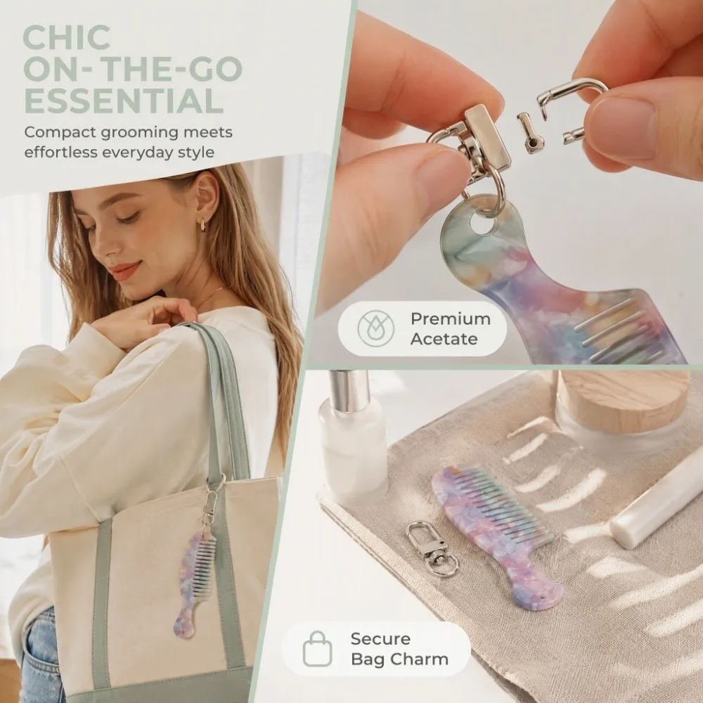 Acetate Material Grooming Keyring Mini Fine Tooth Comb Sturdy Metal Key Ring Bag Hanging Charm Lightweight Slim Structure
