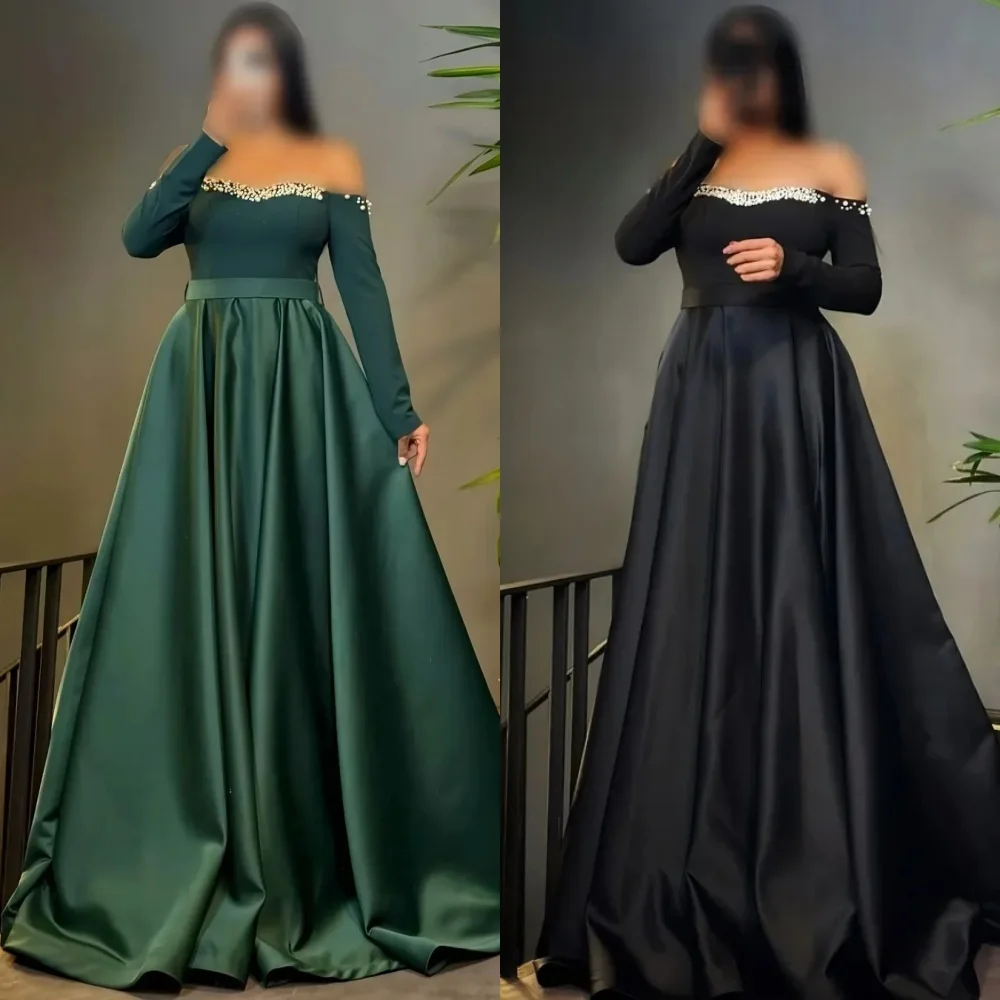

Customized Elegant Fashion Charmeuse Beading Pleat A-line Off-the-shoulder Long Dresses Bespoke Occasion Dresses Sizes Available