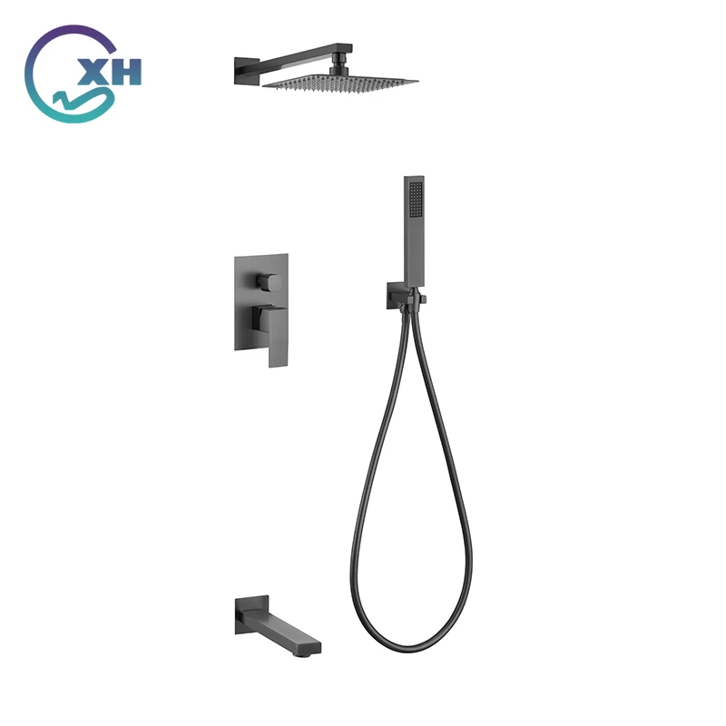 Gun Gray Bath Gunmetal Shower Set Brass Head Luxury Combo Wall-Mount Arm Hot And Cold Mixer Diverter Bathroom Faucet