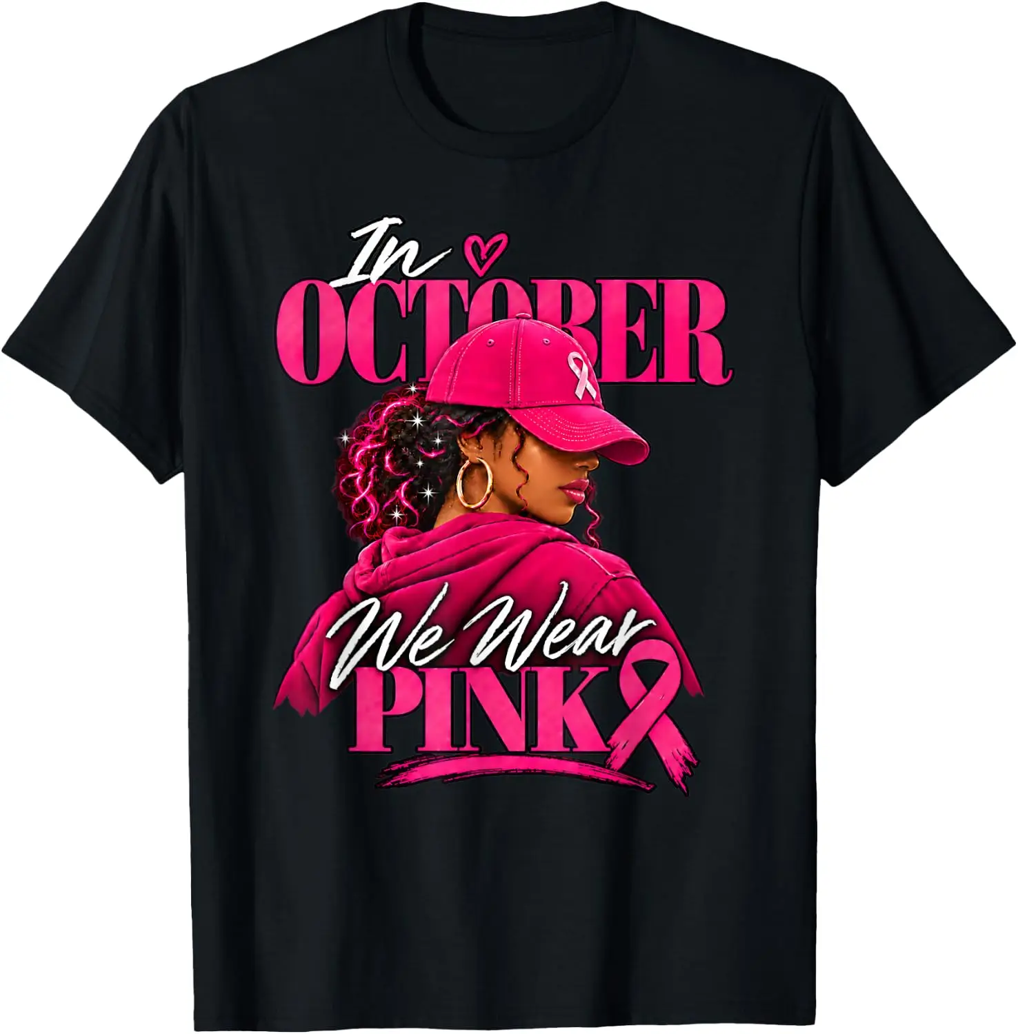 In October We Wear Pink Black Women Breast Cancer Awareness T-Shirt Breathable, heavyweight pure cotton short-sleeve top—stylish, plus-size, and suitable for year-round wear with a sporty, casual vibe