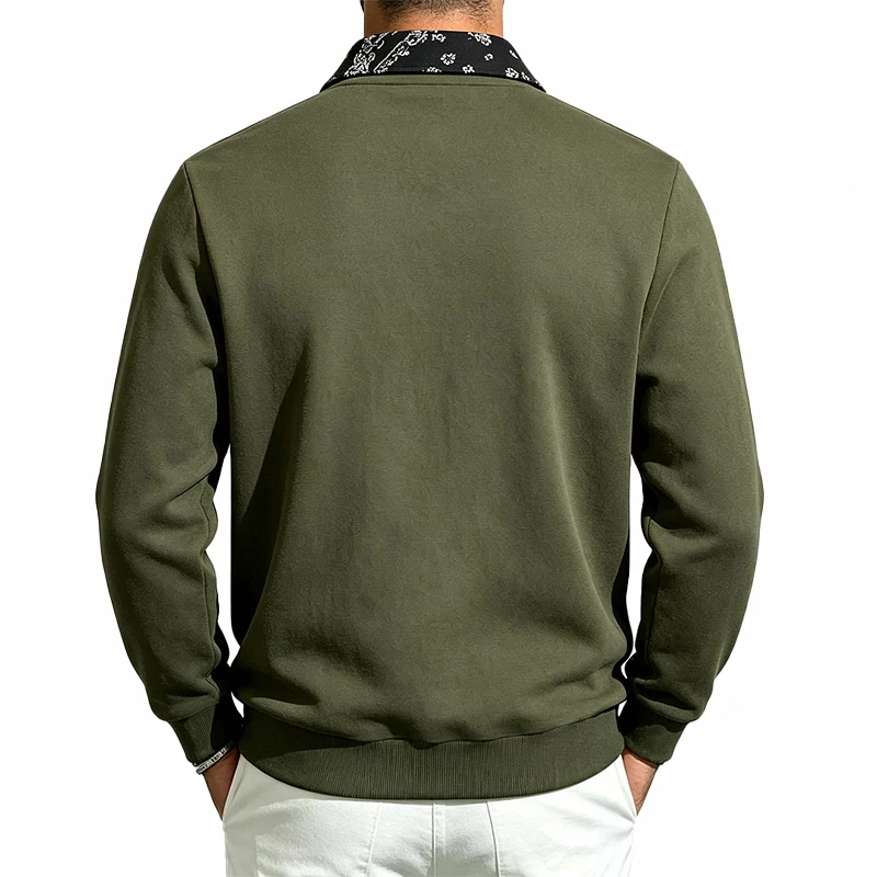 Men's Fall/Winter Long Sleeve Printed Polo Shirt with Turn-Down Collar, 3-Button Placket, Casual Pullover Knit Top