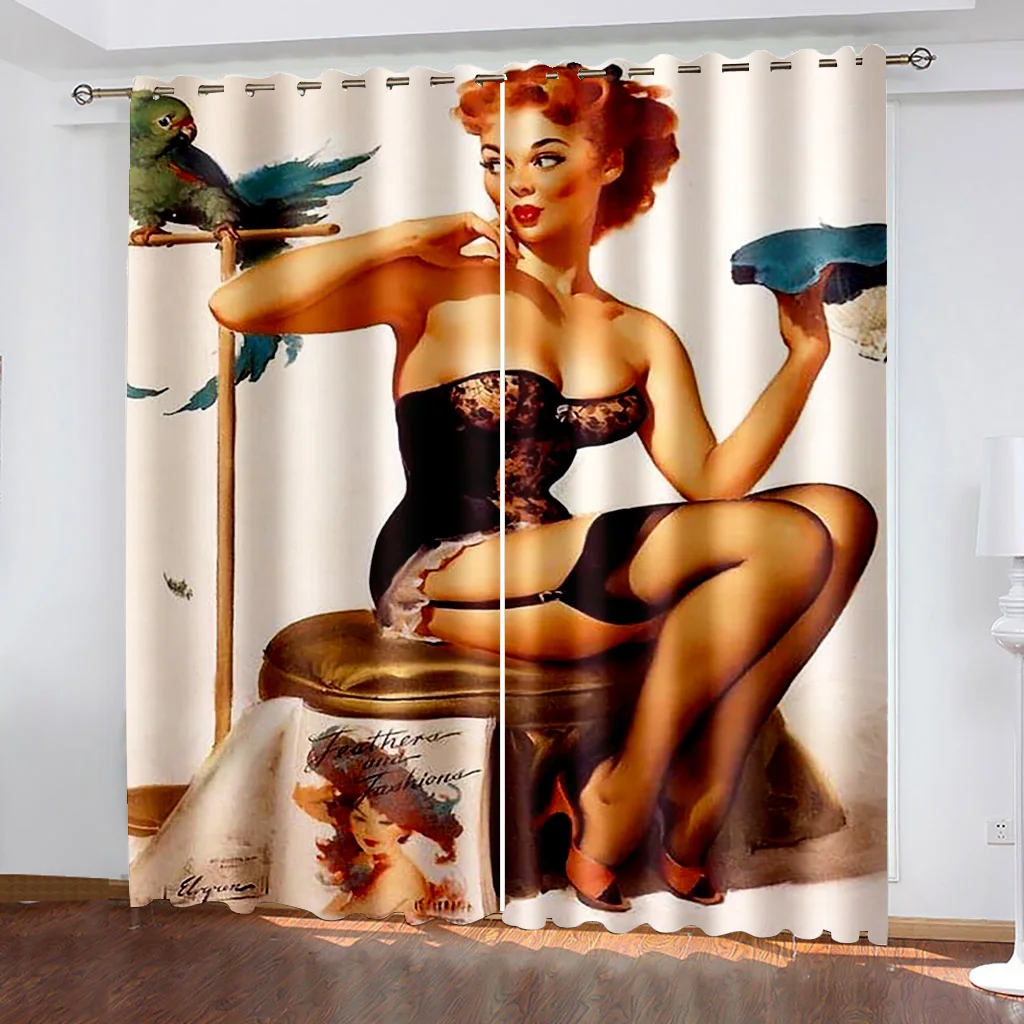 

Retro Style 3D Sexy Beauty and Parrot Window Curtain Living Room Modern Polyester Printed 3d Curtains For Bedroom