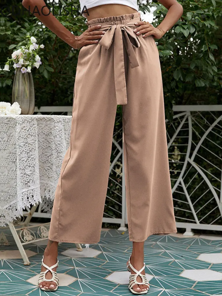 

Women's solid color nine part Bell-bottoms New summer cardigan loose wide leg elastic high waist pocket sports retro pants