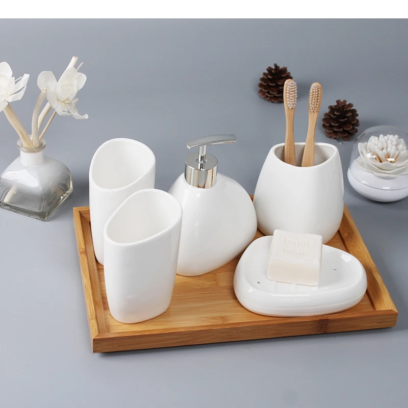 White Ceramic Bathroom Supplies Lotion Bottle Cotton Swab Box Toothbrush Holder 4 Piece Set Home Kit