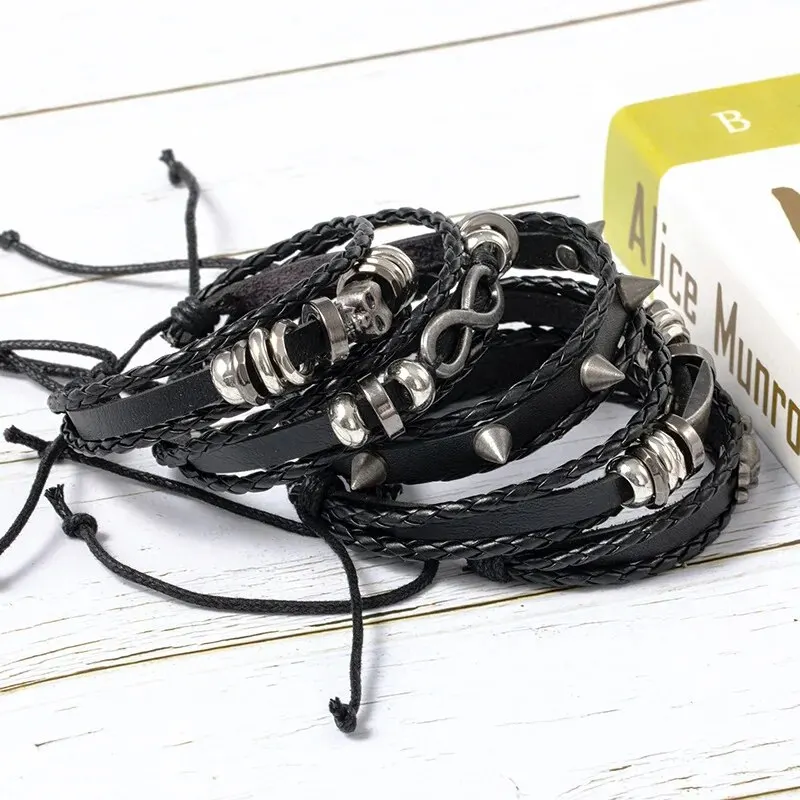 5pcs Metal Diy Braided Punk Style Bracelet Set, Featuring Pu Leather And Beads