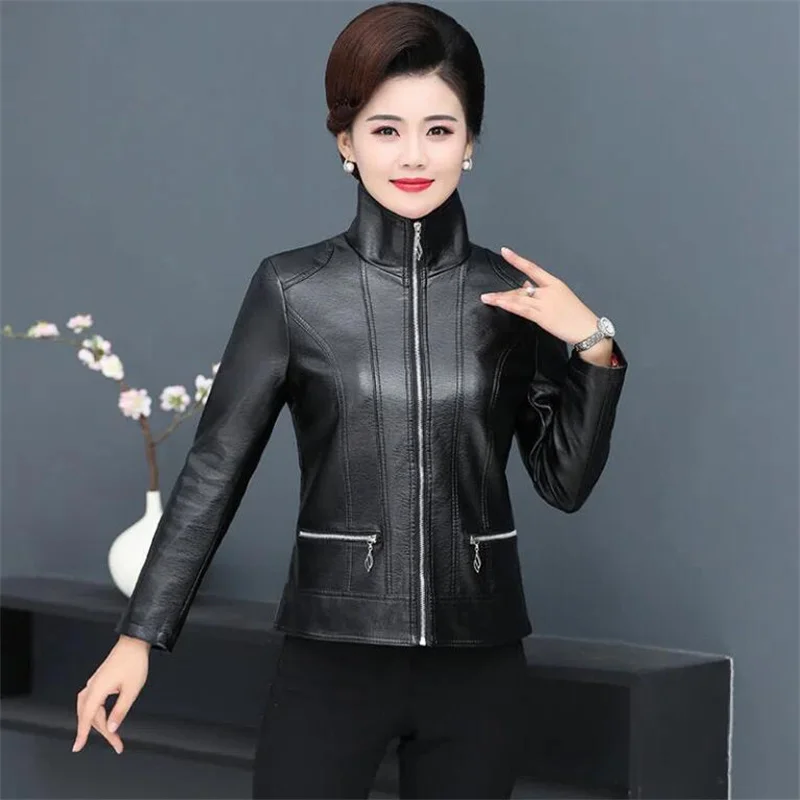 Fashion Elderly Women's Leather Clothes 6XL Big Size Women's PU Pi Jacket New Spring Autumn Casual Jackets Female Outerwear Tops