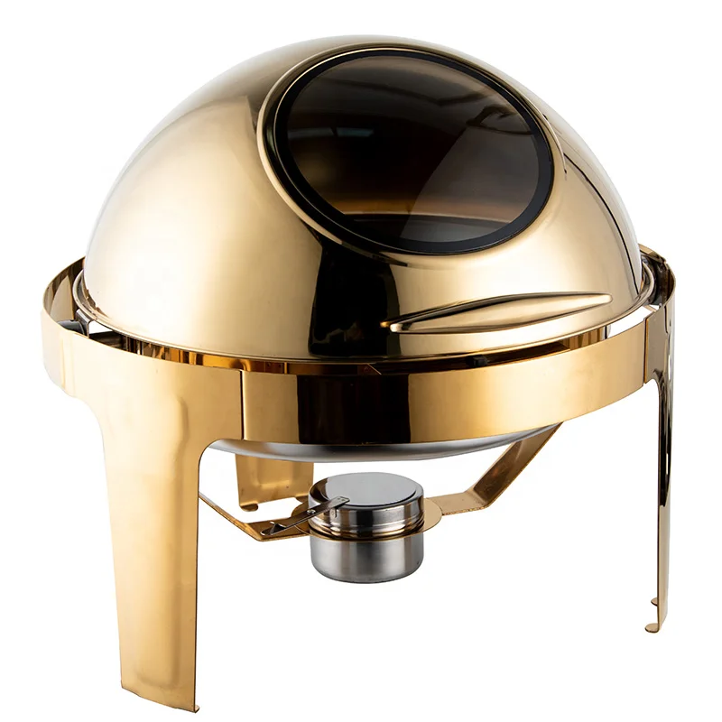 thicken Hotel Catering Seving Luxury Gold Chaffer Buffet Food Warmer 6liters Heater Round Roll Top Chaffing Dish