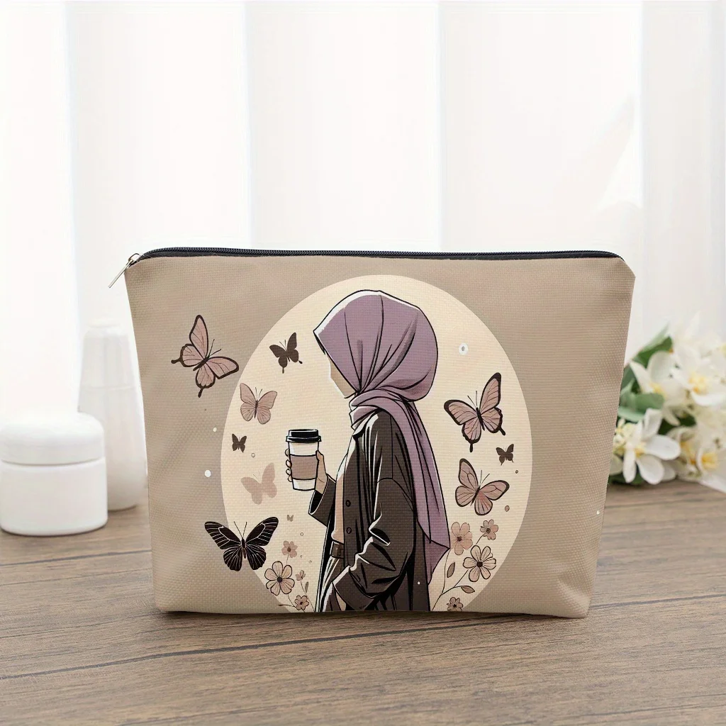 1 Piece of a Woman in a Mask Holding a Drink and a Cosmetic Bag - Multifunctional Zipper Bag for Women, Perfect Travel Zipper Storage Bag, Fun Birthday Gift