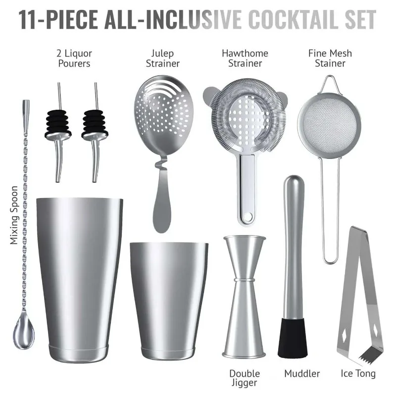 11 Pieces Boston Style Cocktail Mixing Kit, All Stainless Steel Bartender Tools Strainer Spoon, Universal Home Bar Accessories S