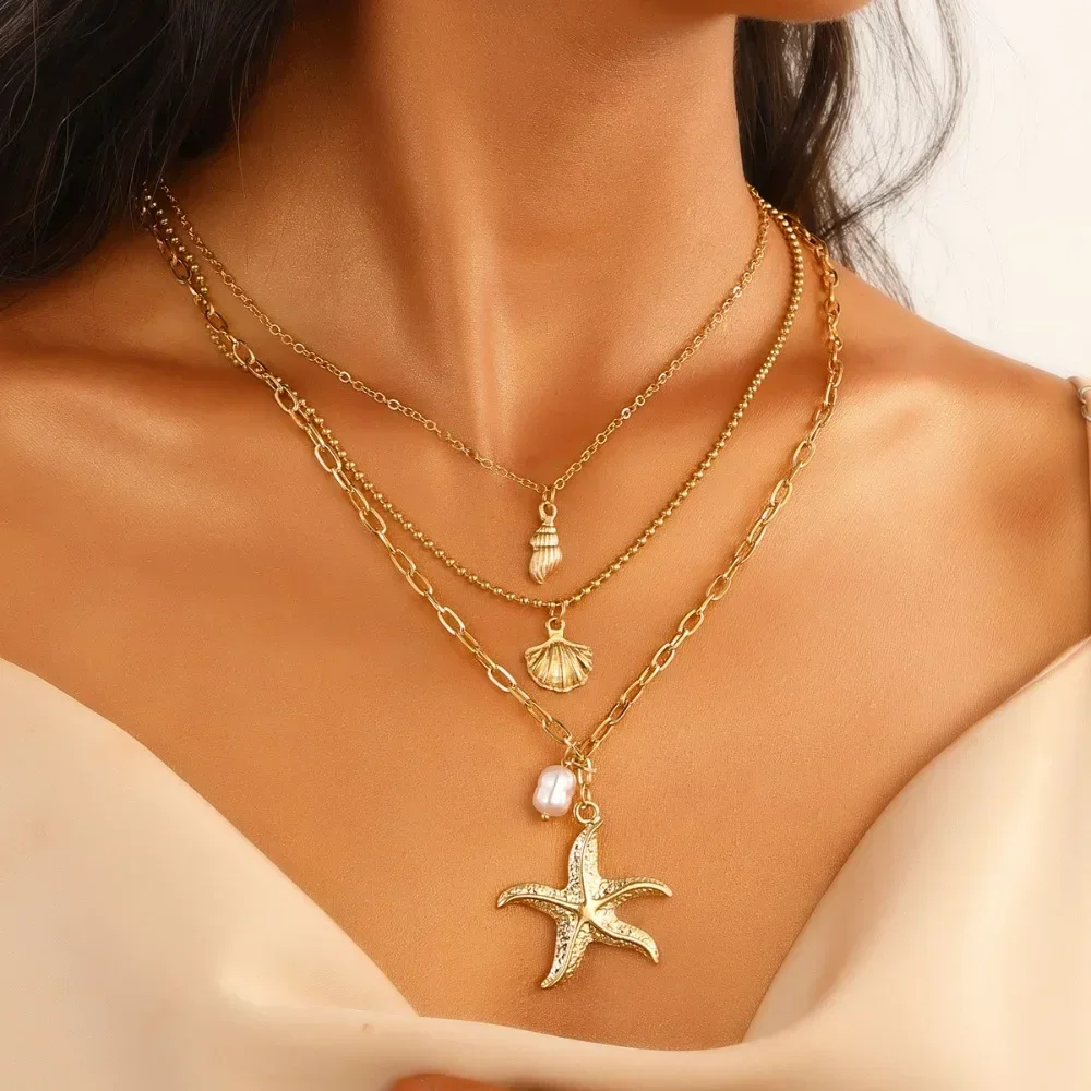 Vintage Fashion Three Layers Pearl Starfish Shell Pendant Necklace for Women Exquisite Conch Chokers Summer Beach Jewelry Gift