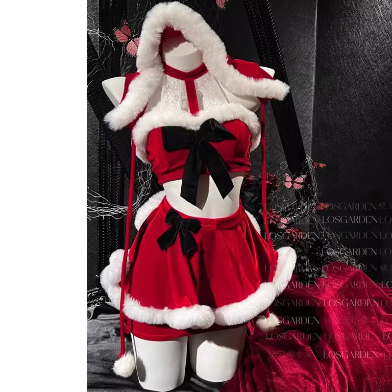 Christmas Costumes for Women Hanging Neck Top with Hat Fancy Dress Set Xmas Party Adult Red Hat Santa Cosplay Costume