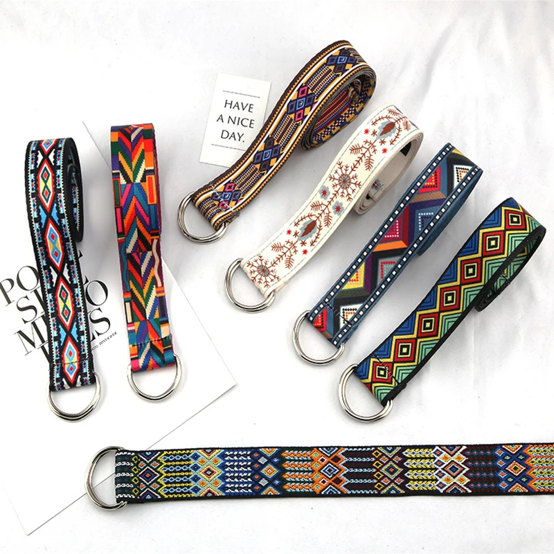 

120cmx3.8cm Boho Print Canvas Belt Double D-Ring Buckle Canvas Casual Waist Strap Waistband Punk Waist Strap Women Men Teenager