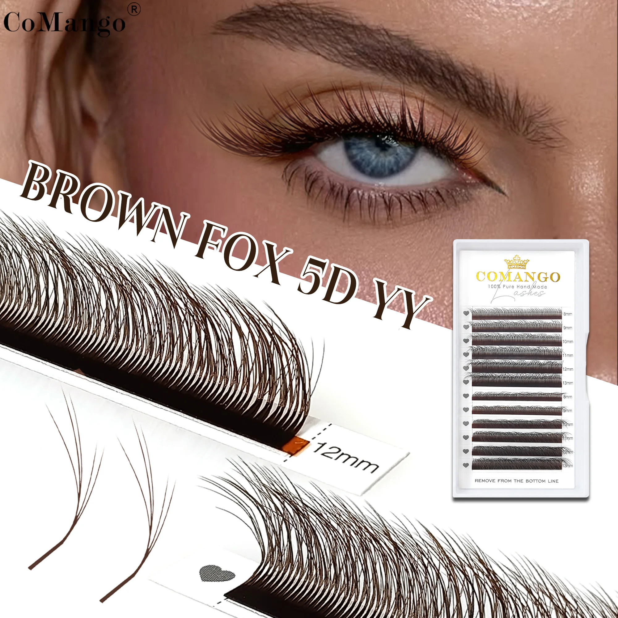 Rzęsy CoMango Brown Fox Eye, przedłużane, 7-14 mm, gotowe wachlarzki 5D, naturalne, miękkie.