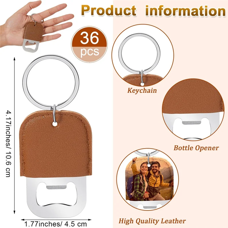 ABVJ-Set Of 36 PU Leather Dye Sublimation Keychains, Steel Beer Bottle Opener Included, Perfect For Gifts